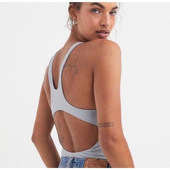 FOR LOVE & LEMONS Ribbed Cutout Bodysuit Grey Keyhole Thong Sexy Size Small R23 - Picture 2 of 6